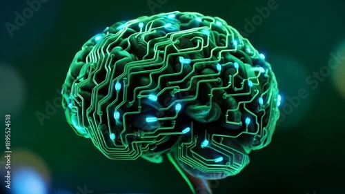 Glowing green circuit board brain on a stem with blurred background lights, symbolizing technology and innovation