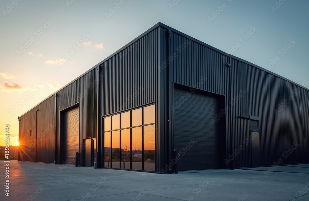 Fototapeta premium Modern industrial warehouse exterior with black metal facade at sunset. Large building has roller doors and windows reflecting warm orange sky. Concrete apron outside.