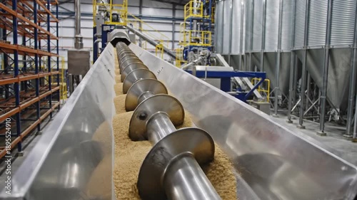 Industrial conveyor belt transporting grain in a warehouse with shelving and machinery