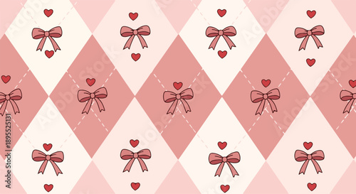 Seamless pink argyle pattern with cute bows and hearts for Valentine's Day or nursery wallpaper