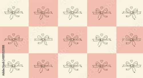 Seamless pink checkered and argyle pattern with cute hand-drawn bows and hearts for Valentine's Day and nursery decor