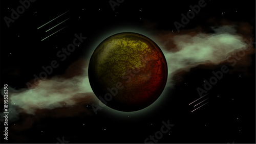 Alien Planet with Textured Surface in Deep Space with Nebula Clouds and Stars Digital Illustration