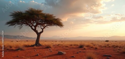 Lone acacia tree stands in vast arid savanna with red sand ground and dry grass under cloudy sky at sunset. Distant mountains visible on horizon.