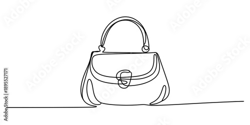 A minimalist continuous line art drawing of a classic handbag on a clean white background