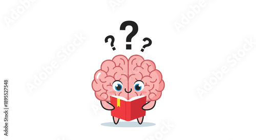 Adorable Pink Brain Character Reading a Red Hardcover Book Under Floating Black Question Marks on a White Background