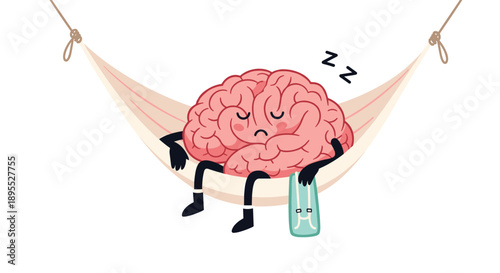 Sleeping Pink Brain Character Resting in a White Fabric Hammock with Floating ZZZ Icons Graphic Design Drawing