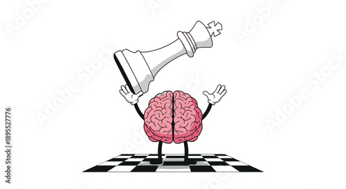 Pink Brain Character Carrying a Large White Chess King Piece on its Back over a Tiled Chessboard Graphic Design
