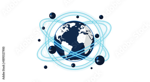 Earth Globe with Multiple Glowing Blue Orbital Rings and Floating Dark Spheres on a White Background Graphic
