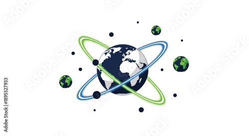 Earth Globe Surrounded by Blue and Green Orbital Rings and Smaller Green Planet Globes Graphic Illustration