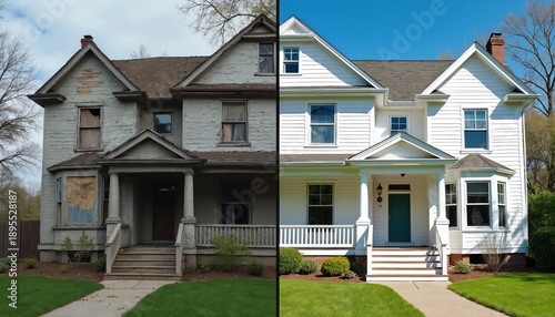 Old house before and after renovation. Dilapidated facade changed to bright new siding. Exterior transformation shows progress in home improvement project. New look revitalizes property.