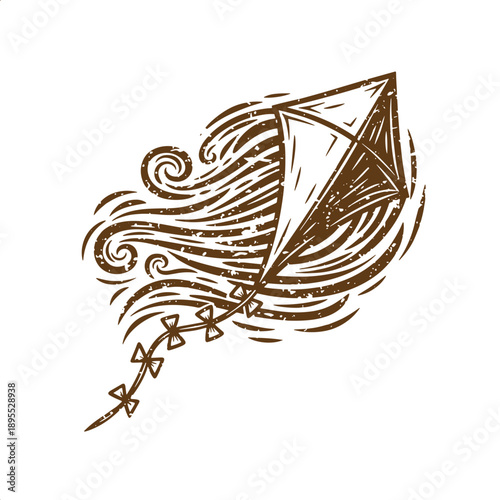 Vintage Grunge texture a drawing of a kite flying in the air with a tail  a toy for outdoor recreation