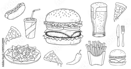 Set of hand-drawn burger ingredients and fast food icons including a cheeseburger, beer, fries, and nachos in a monochrome doodle sketch style for a pub or restaurant menu