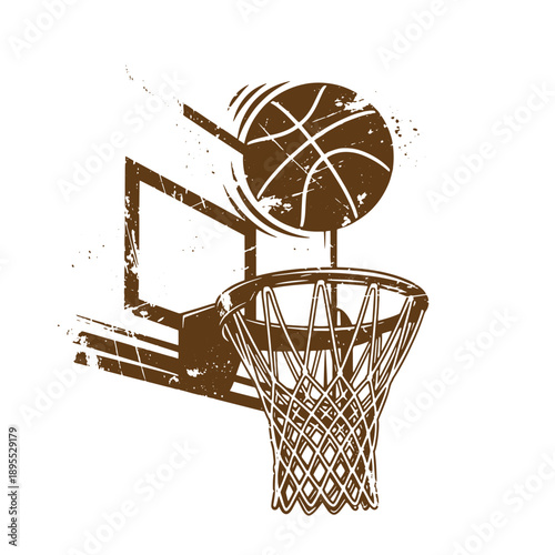Vintage Grunge texture Basketball going through hoop with backboard and net in sepia tones  sports equipment and action