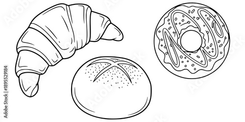 Croissant donut and bun doodle line art illustration