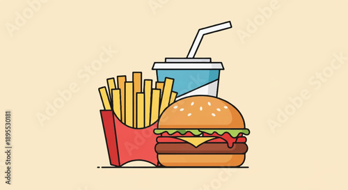 Cartoon fast-food illustration of hamburger, fries and drink on beige background, shown from front view for menu advertising