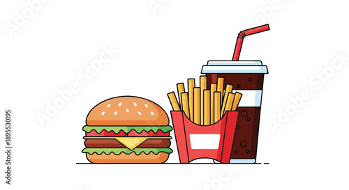 Cartoon illustration of a double‑decker burger, fries, and cola drink arranged on a white surface from a side‑by‑side perspective