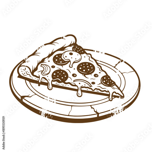 Vintage Grunge texture sepia illustration of a slice of pepperoni pizza on a plate  delicious food