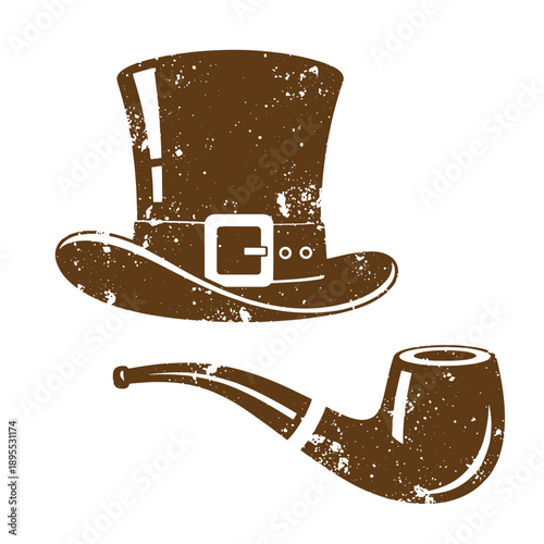 Vintage Grunge texture Vintage illustration of top hat and smoking pipe on white background