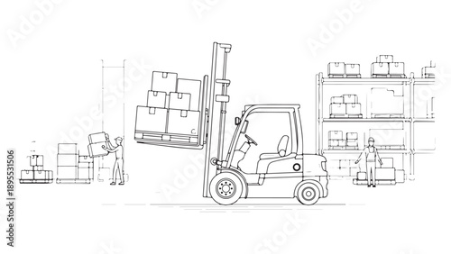 Warehouse Illustration with Forklift and Workers in Line Art Style