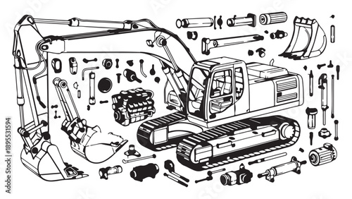 Black and White Line Art Disassembled Excavator Parts Illustration