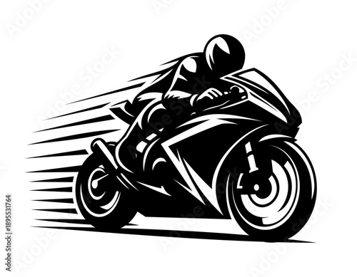 Stylized black and white graphic of a motorcycle racer speeding forward