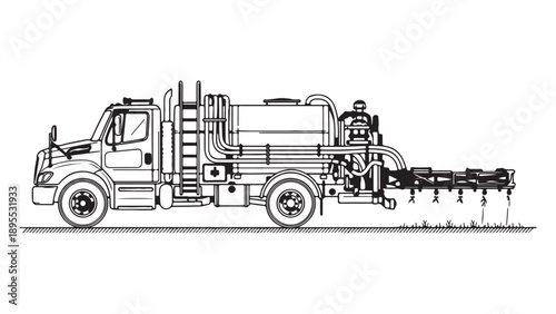 Agricultural Sprayer Truck Vector Line Art Illustration Side View