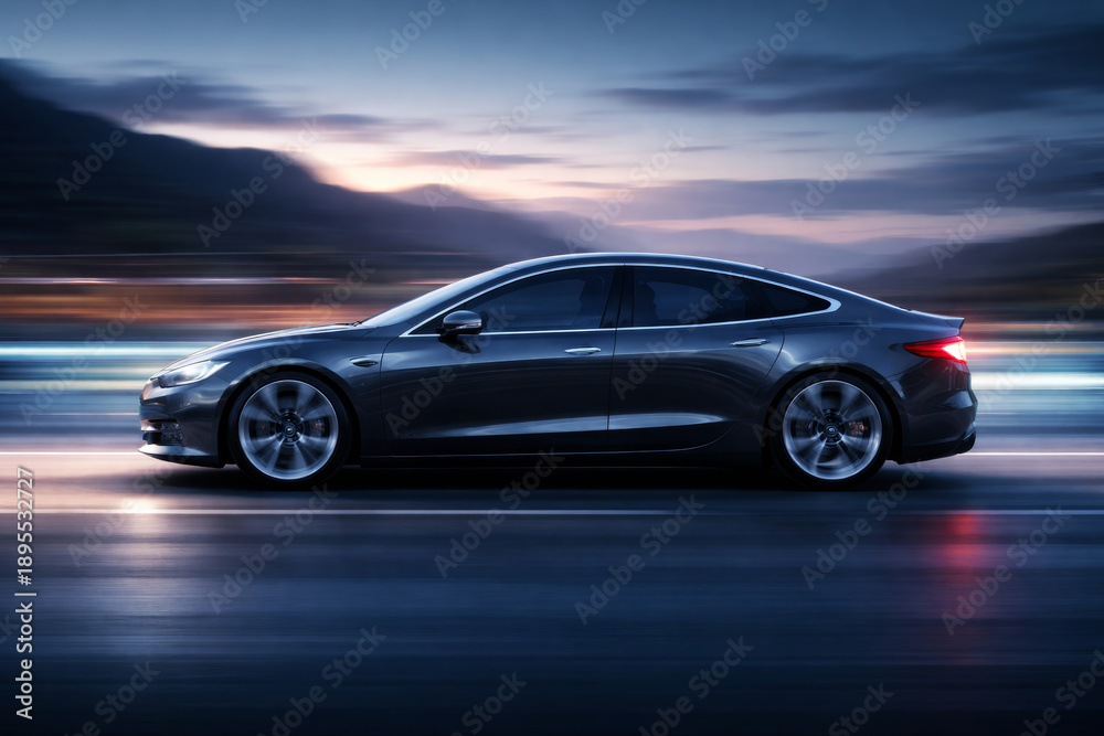 Naklejka premium Sleek electric car driving fast on an open road at dusk