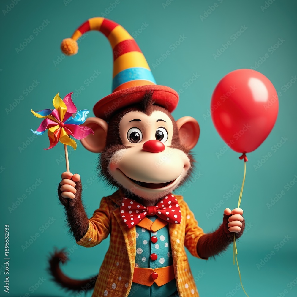 Naklejka premium Monkey dressed as clown wears party hat holding red balloon and colorful pinwheel toy. Cheerful primate smiles in costume with polka dot bowtie and checkered jacket.