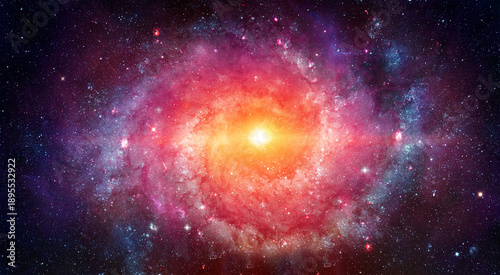 Bright spiral galaxy with a glowing core surrounded by stars, dust, and cosmic clouds in deep space. Abstract cosmic collage background.. Elements of this image furnished by NASA.