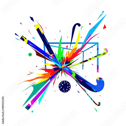 Field Hockey Action Explosion with Goal Net and Ball