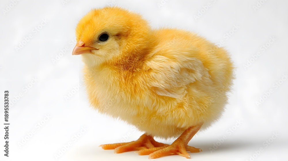 Fototapeta premium Yellow chick standing on a white background, showcasing its fluffy feathers and small size, with a focus on its round body and bright eyes