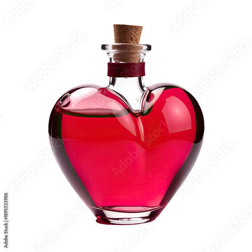 A beautiful red heart-shaped glass bottle with a traditional cork stopper, perfect for decorative or gift use