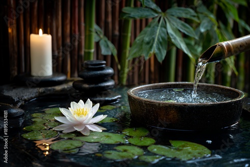 Tranquil spa scene with water lily, stacked basalt stones, lit candle and water pouring from a bamboo fountain setup, concept for wellness promotion, spa marketing and meditation guidance