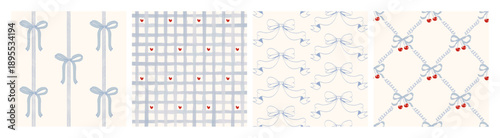 Seamless hand-drawn patterns with delicate blue bows, ribbons, cherries and soft checkered textures. Whimsical pastel coquette style, perfect for packaging, stationery, textiles and romantic branding.