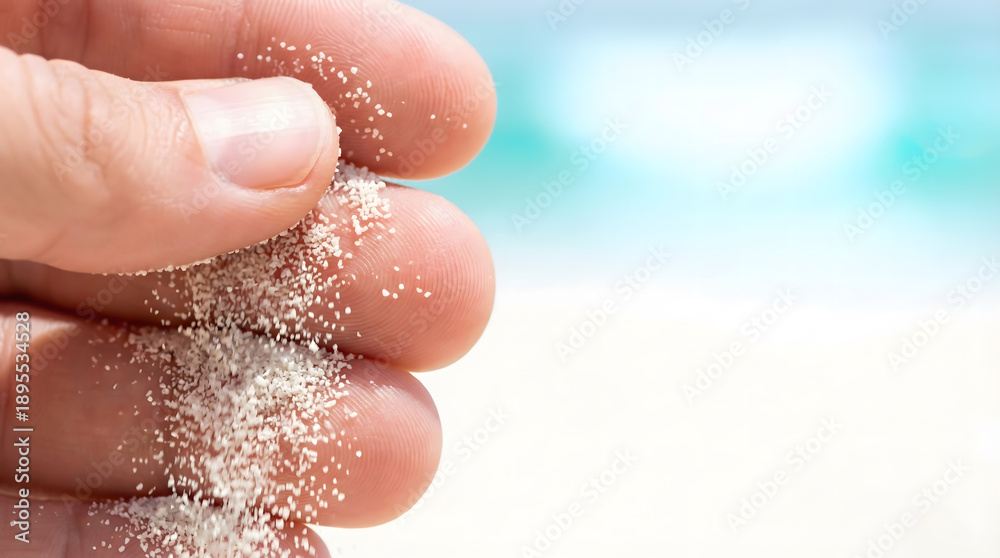 Fototapeta premium Macro of white sand grains slipping through fingers