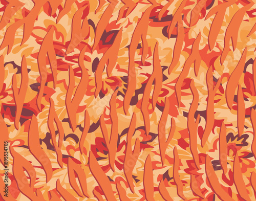 Full Seamless floral zebra stripe pattern. Orange, coral, and cream animal print background mixed with flower shapes. Perfect for summer fabric, dresses, wallpaper, and home decor.