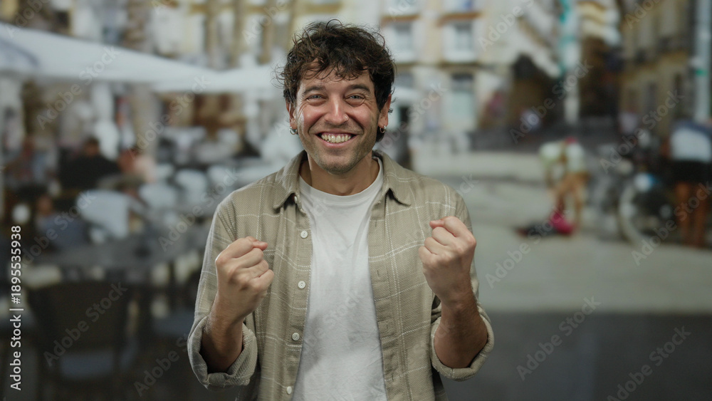 Naklejka premium Hispanic man smiling excitedly on a bustling european street, embodying happiness and urban vibrancy, wearing casual attire amidst an outdoor cafe setting.
