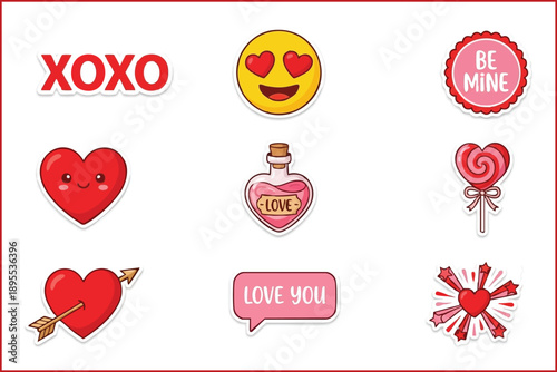 Cute Valentine's Day stickers and badges. Hearts, emojis, and love potion.