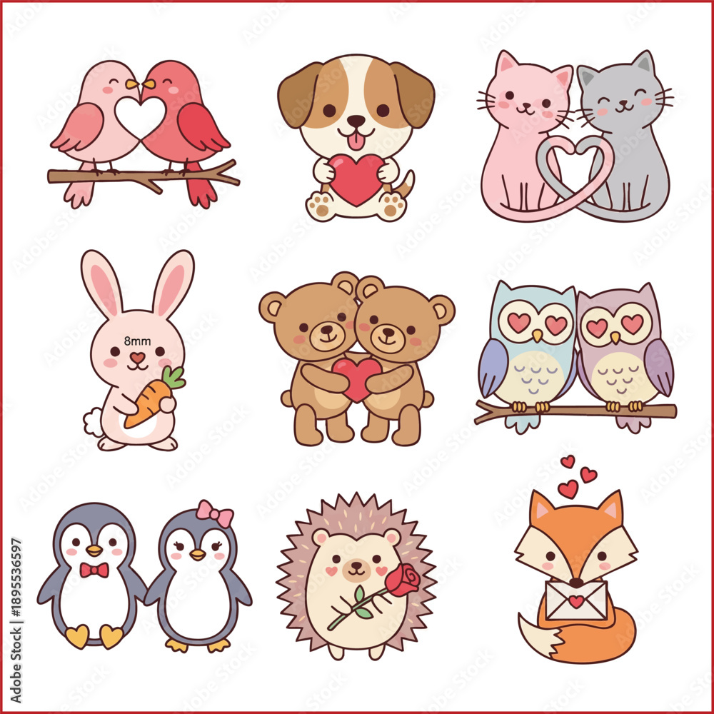 Fototapeta premium Cute animal couples in love set. Cartoon pets and wildlife hugging.