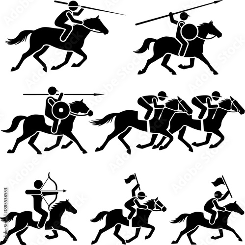 Ancient Cavalry Warrior Silhouette Set with Spears, Bows, and Flags