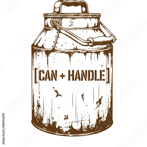 Vintage Grunge texture A sepiatoned illustration of a vintage metal milk can with a handle on a white background