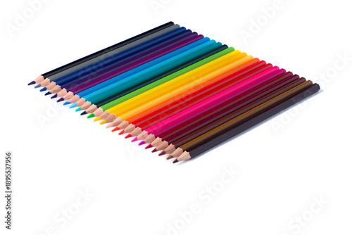 et of colorful wooden pencils neatly arranged in a gradient, isolated on white background. Concept of creativity, education, art supplies, design and drawing tools.