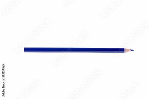 Single dark blue wooden pencil with sharpened tip placed horizontally, isolated on white background. Minimal composition with copy space for creativity, design, and education concepts.