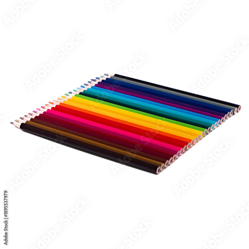 Row of colorful wooden pencils arranged in a smooth color gradient, isolated on white background. Concept of creativity, art, education, design, and school supplies.