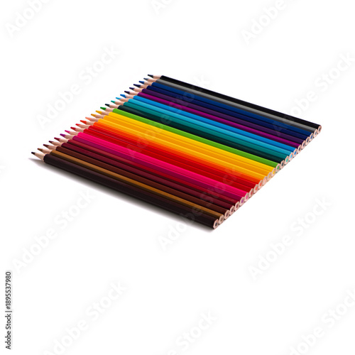 Row of colorful wooden pencils arranged in a smooth color gradient, isolated on white background. Concept of creativity, art, education, design, and school supplies.