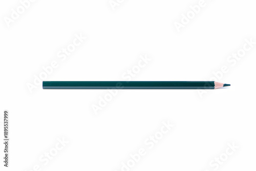 Single dark green wooden pencil with sharpened tip placed horizontally, isolated on white background. Minimal composition with copy space for creativity, design, and education concepts.