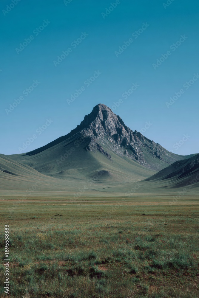 Fototapeta premium Solitary mountain peak standing proudly in vast green landscape