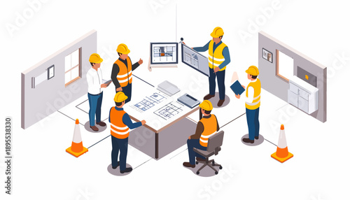 Construction Team Discussing Blueprints in Office