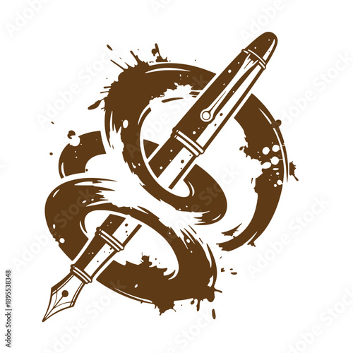 Vintage Grunge texture sealed ink fountain pen and nib on painted swirl design