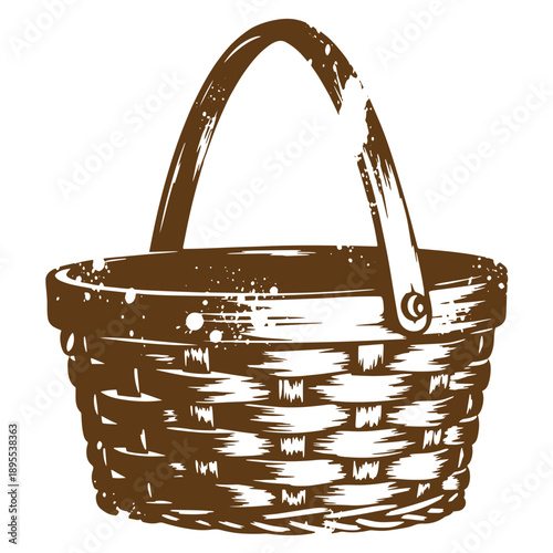 Vintage Grunge texture seamless vintage woven wicker basket with wooden handle on white background for design and decoration  simple rustic container